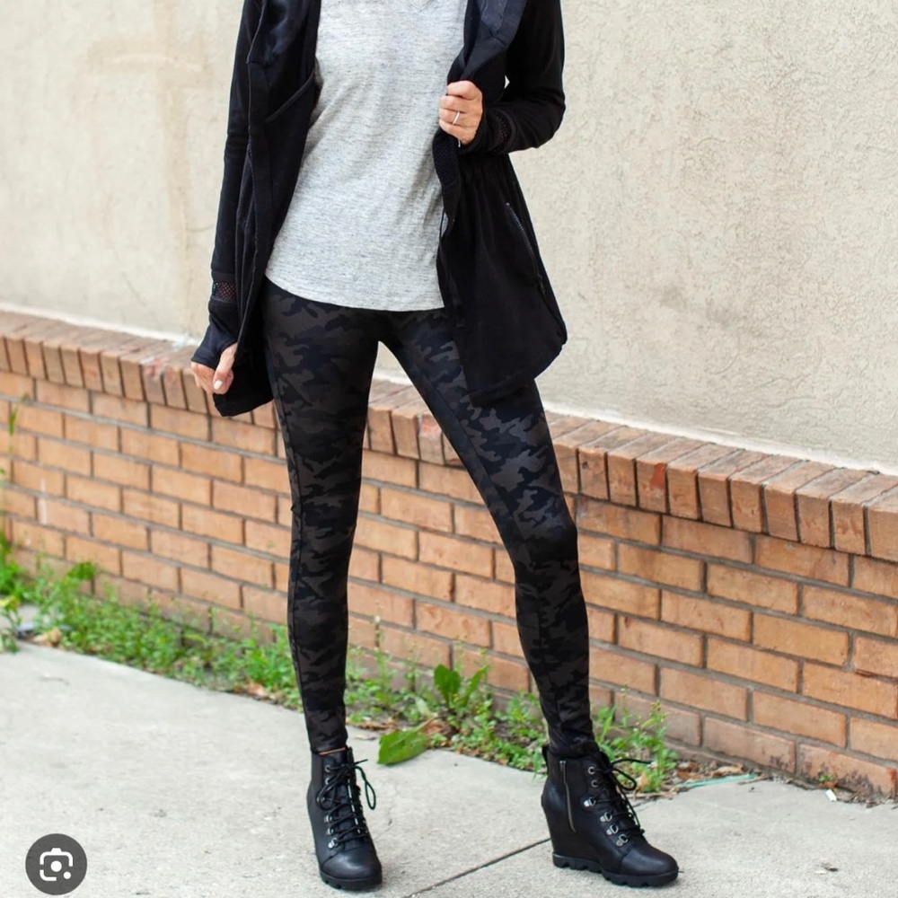 SPANX Faux Leather Shimmer Black Camo Leggings